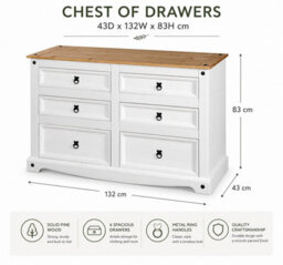 Mews Corona White 6 Drawer Chest Of Drawers Sideboard Low 3+3 Solid Pine - thumbnail 2