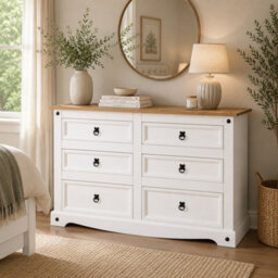 Mews Corona White 6 Drawer Chest Of Drawers Sideboard Low 3+3 Solid Pine - thumbnail 3
