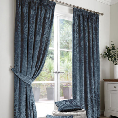 Curtina Trinity Velvet Ornamental Floral Pair Of Blue Pencil Pleat Curtains - image 1
