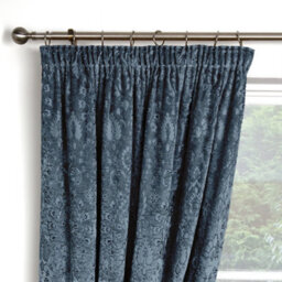 Curtina Trinity Velvet Ornamental Floral Pair Of Blue Pencil Pleat Curtains - thumbnail 2