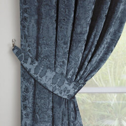 Curtina Trinity Velvet Ornamental Floral Pair Of Blue Pencil Pleat Curtains - thumbnail 3