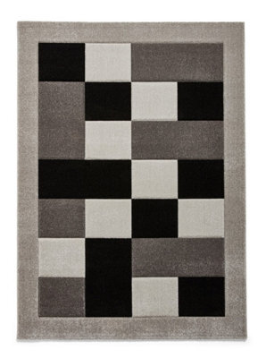 Grey Rug, 10mm Thick Stain-Resistant Rug, Bordered Geometric Rug, Chequered Bedroom, & Dining Room Rug -80Cm X 150Cm - image 1