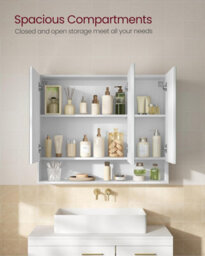 Songmics Wide Wall Storage Cabinet, Bathroom Mirrored Storage Unit With Adjustable Shelves And Open Shelf, Cloud White - thumbnail 4