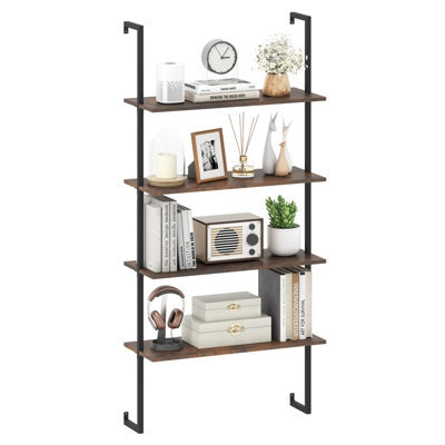 Gainoom 4-Tier Wall-Mounted Bookshelf Industrial Floating Storage Display Shelves Wall-Mounted Ladder Wooden Bookcase - image 1