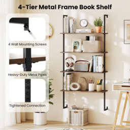 Gainoom 4-Tier Wall-Mounted Bookshelf Industrial Floating Storage Display Shelves Wall-Mounted Ladder Wooden Bookcase - thumbnail 9