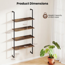 Gainoom 4-Tier Wall-Mounted Bookshelf Industrial Floating Storage Display Shelves Wall-Mounted Ladder Wooden Bookcase - thumbnail 2