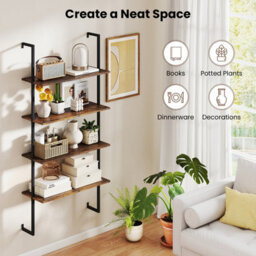 Gainoom 4-Tier Wall-Mounted Bookshelf Industrial Floating Storage Display Shelves Wall-Mounted Ladder Wooden Bookcase - thumbnail 7