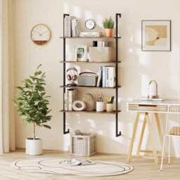 Gainoom 4-Tier Wall-Mounted Bookshelf Industrial Floating Storage Display Shelves Wall-Mounted Ladder Wooden Bookcase - thumbnail 3