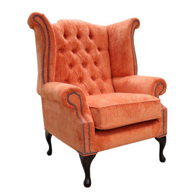 Chesterfield High Back Wing Chair Azzuro Tangerine Orange Fabric In Queen Anne Style - image 1