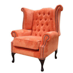 Chesterfield High Back Wing Chair Azzuro Tangerine Orange Fabric In Queen Anne Style - thumbnail 2