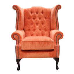 Chesterfield High Back Wing Chair Azzuro Tangerine Orange Fabric In Queen Anne Style - thumbnail 3