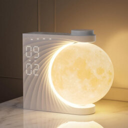 Reteyung Moon Lamp Sunrise Alarm Clock, 2 Clocks, Wake Up Light 8 Atmosphere Colours, Natural Sound Bedside 3 Levels Of