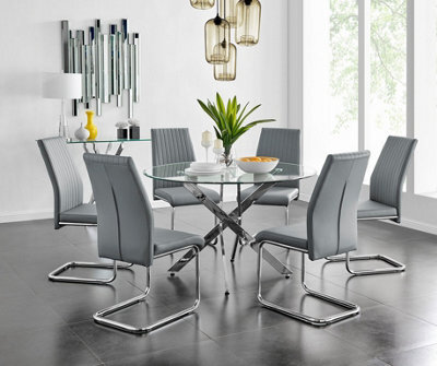 Furniturebox Uk Novara Chrome Metal And Glass Large Round Dining Table And 6 Elephant Grey Lorenzo Chairs Set - image 1