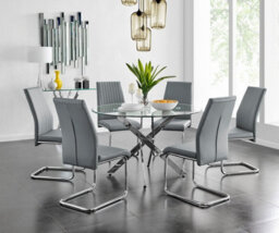 Furniturebox Uk Novara Chrome Metal And Glass Large Round Dining Table And 6 Elephant Grey Lorenzo Chairs Set
