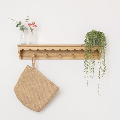 Melody Maison Natural Mango Wood Scalloped Edge Coat Peg Rail Hooks With Shelf - 80Cm - image 1