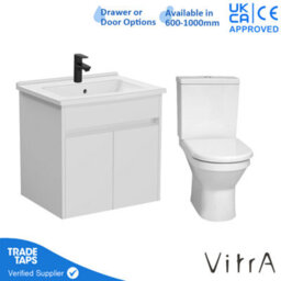 Vitra 600mm Wall Hung Bathroom Vanity Unit With 2 Doors Includes Basin, Black Tap And Close Coupled Toilet Set - White Gloss - thumbnail 1