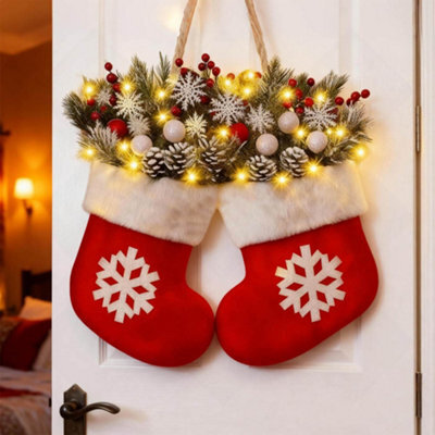 Amorly Twinkling Christmas Stocking Wreath, Artificial Garland Wreath With Led Lights For Front Door Xmas Home Decoration - image 1