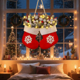 Amorly Twinkling Christmas Stocking Wreath, Artificial Garland Wreath With Led Lights For Front Door Xmas Home Decoration - thumbnail 5
