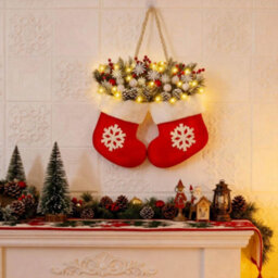 Amorly Twinkling Christmas Stocking Wreath, Artificial Garland Wreath With Led Lights For Front Door Xmas Home Decoration - thumbnail 3