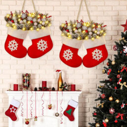 Amorly Twinkling Christmas Stocking Wreath, Artificial Garland Wreath With Led Lights For Front Door Xmas Home Decoration - thumbnail 6