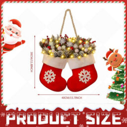 Amorly Twinkling Christmas Stocking Wreath, Artificial Garland Wreath With Led Lights For Front Door Xmas Home Decoration - thumbnail 2