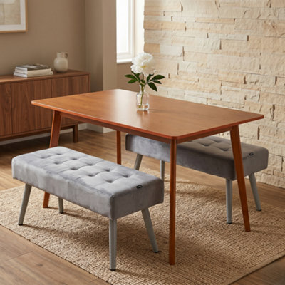 Doubs Dining Table And 2 Grey Velvet Benches Set, Walnut Effect Finish - image 1