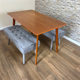 Doubs Dining Table And 2 Grey Velvet Benches Set, Walnut Effect Finish - thumbnail 2