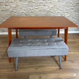 Doubs Dining Table And 2 Grey Velvet Benches Set, Walnut Effect Finish - thumbnail 3