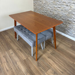Doubs Dining Table And 2 Grey Velvet Benches Set, Walnut Effect Finish - thumbnail 5