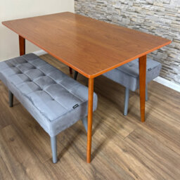 Doubs Dining Table And 2 Grey Velvet Benches Set, Walnut Effect Finish - thumbnail 4