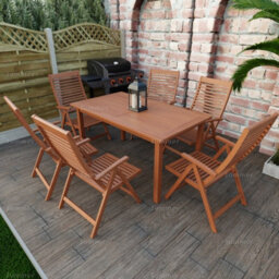 Outdoor Teak 7 Piece Dining Set With 6 Reclining Chairs And Rectangular Table - Easy, Quick Assembly