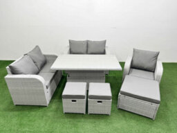 Fimous High Back Poly Rattan Garden Furniture Set Reclining Chair Loveseat Sofa Indoor Outdoor Set 3 Stools Light Grey - thumbnail 1