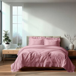 Duvet Cover And Pillowcase Set On Trend Frilled Design Polycotton Linen Pink - thumbnail 1