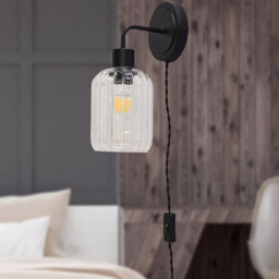 First Choice Lighting Set Of 2 Toby - Black Plug In Wall Lights Ribbed Glass Shades - thumbnail 4