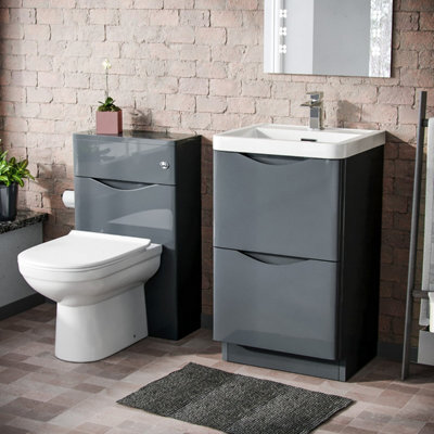Nes Home 500mm 2 Drawer Vanity Basin Unit, Wc Unit & Elso Back To Wall Toilet Grey - image 1