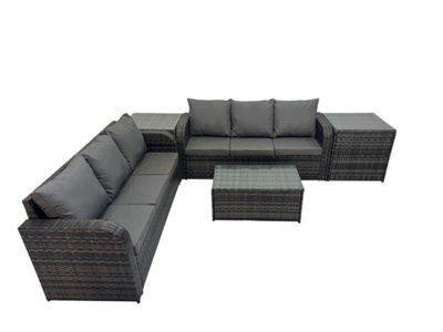 Fimous Outdoor 3 Seater Sofa Coffee Table Set Garden Rattan Furniture Set 6 Seater With 2 Side Tables Dark Grey - image 1