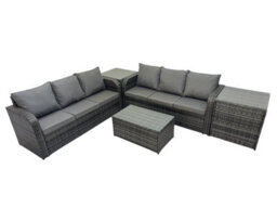 Fimous Outdoor 3 Seater Sofa Coffee Table Set Garden Rattan Furniture Set 6 Seater With 2 Side Tables Dark Grey - thumbnail 2