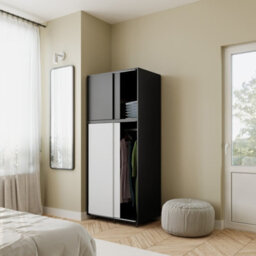 Urbn-Living Urbnliving 180Cm Height Black Carcass With 4 Sliding White Doors Wardrobe Bedroom Storage Closet Hanging Rail Cupboard Unit - thumbnail 2