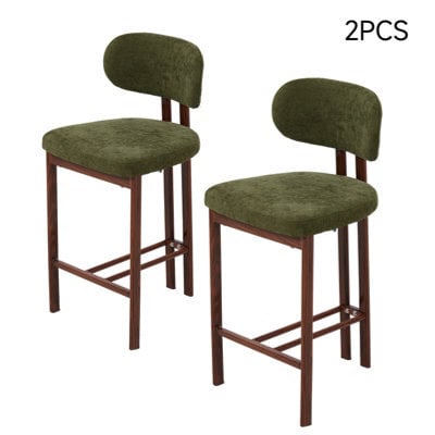 Living And Home Set Of 2 Green Chenille Upholstered Bar Stools With Metal Legs & Footrest - image 1
