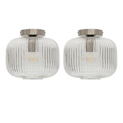 First Choice Lighting Set Of 2 Batley Large - Clear Ribbed Glass Satin Nickel Ceiling Lights