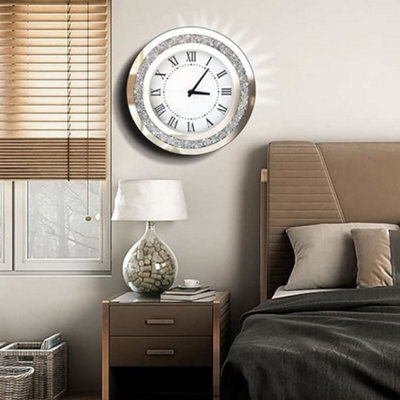 Biznest Large Round Crushed Mirror Jewel Wall Clock Black Needles Roman Number Diamante Glass 50X50Cm Silver Eye Catching Décor