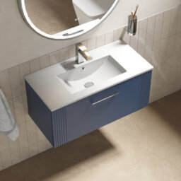 Balterley Belvide Partial Fluted 1 Drawer Wall Hung Vanity Unit With 1 Tap Hole Minimalist Basin - 800mm - Satin Blue - thumbnail 5