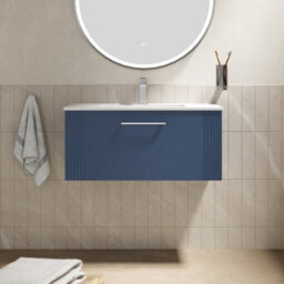 Balterley Belvide Partial Fluted 1 Drawer Wall Hung Vanity Unit With 1 Tap Hole Minimalist Basin - 800mm - Satin Blue - thumbnail 2
