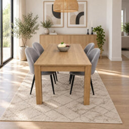 Kosy Koala Light Oak Effect Dining Table Set With 4 Grey Velvet Chairs, 140X80X75 Cm - thumbnail 1
