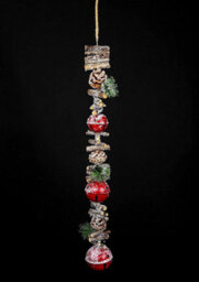 Shatchi Hanging Decoration With Jingle Bells Wooden Sticks, Berries And Pinecones Christmas Home Wall Door 90Cm Red - thumbnail 7