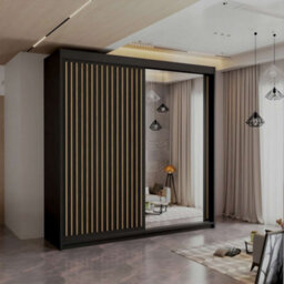 M N Furniture Ltd Wardrobe With Led Light - Modern Sliding Wardrobe - 2 Or 3 Door Bedroom Cabinet With Mirror (Black/oak, 203Cm) - thumbnail 1