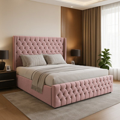 Adore Designs Chesterfield Winged Plush Velvet Ottoman Storage Bed, With Footboard - 3Ft Single - Pink - image 1