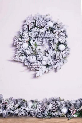 Christmas Tree World 50Cm Frosted Decorated Mixed Pine Wreath With White Baubles - image 1