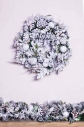 Christmas Tree World 50Cm Frosted Decorated Mixed Pine Wreath With White Baubles - thumbnail 1