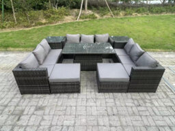 Fimous Wicker Pe Rattan Garden Furniture Sofa Set Outdoor Adjustable Rising Lifting Dining Table Set 11 Seater - thumbnail 2